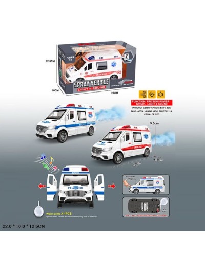 Машина «POLICЕ. AMBULANCE» зі світлом, звуком та парою, на батарейці, в асортименті, у коробці 22х12,5х10 см