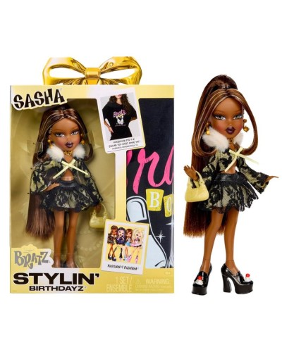 Ігровий набір з лялькою BRATZ «Stylin' Birthday. Саша» 27 см з аксесуарами та футболкою для дівчинки, у коробці 23х6х29 см