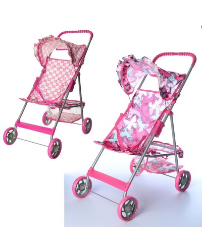 Коляска для ляльок «Прогулянкова» з кошиком, тканина рожева в квіточку, в пакеті 48,5х32,5х65 см