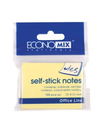 Блок для нотаток 38х50 мм 100 аркушів з клейким шаром, жовтий, ТМ Economix