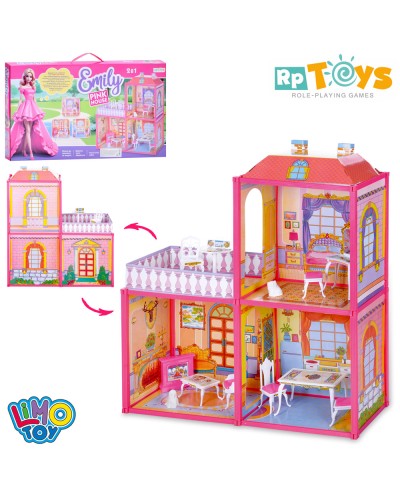 Будиночок 2-х поверховий з меблями та лялькою, у коробці 60х42 см