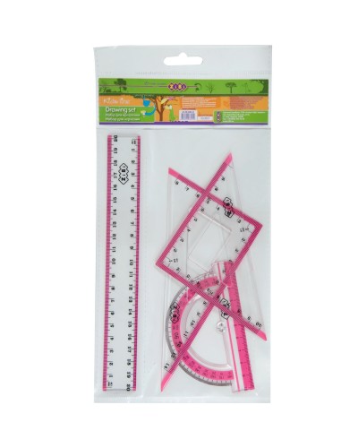 Набір: лінійка 20 см, 2 косинця, транспортир, з рожевою смужкою
