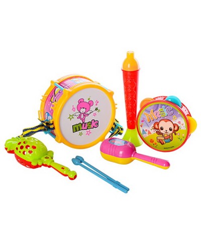 Набір музичних інструментів: барабан з 2 паличками, бубон, маракаси, дудка, у пакеті 19х28х8 см