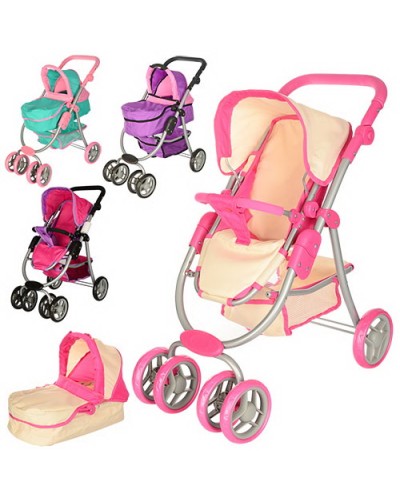 Коляска для ляльки «Прогулянкова» металева з подвійними поворотними колесами та кошиком, у коробці