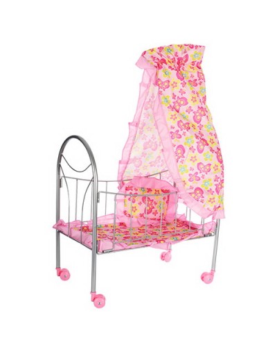Ліжечко для ляльки 77х47х29 см, металеве, балдахін, подушка, колеса повертаються, в коробці 28х46х6
