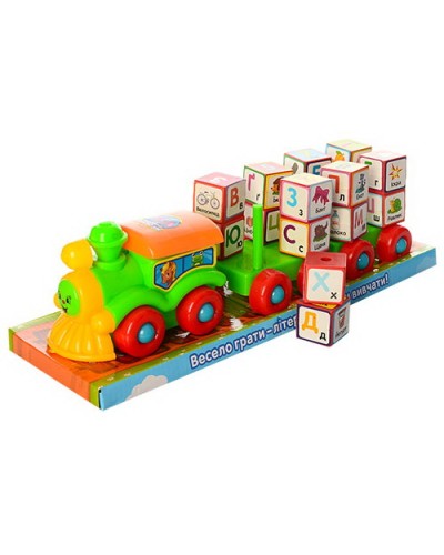 Паровоз з причепом 36 см та кубиками з українськимою абеткою, на мотузці, в слюді 38х12х11 см