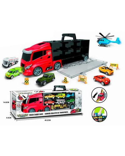 Трейлер-гараж 39 см та 6 видів транспорту від 7см та дорожніми знаками, у коробці 40х15х9,5 см