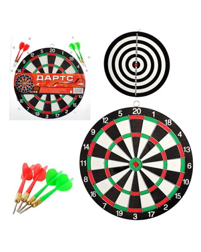Дартс 31 см двосторонній та 4 дротики з голкою, в слюді 33,5х36,5х1,5 см