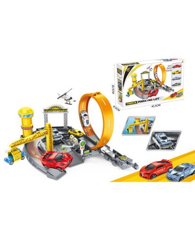 Трек на 24 деталі з краном, 4 машинки по 7 см, в коробці 45,5х27х8,5 см