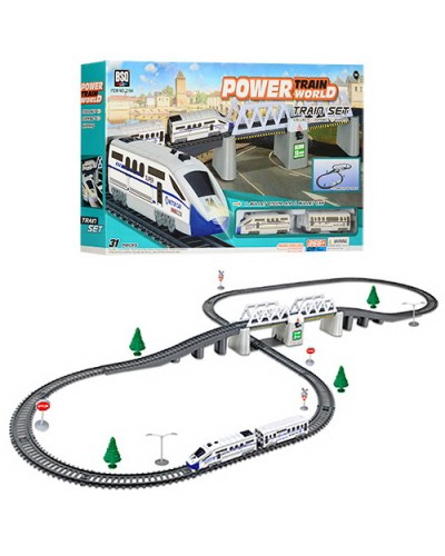 Залізниця 44х147х46 см: локомотив, вагон, дерева, знаки, на батарейці, у коробці 59х8х31,5см