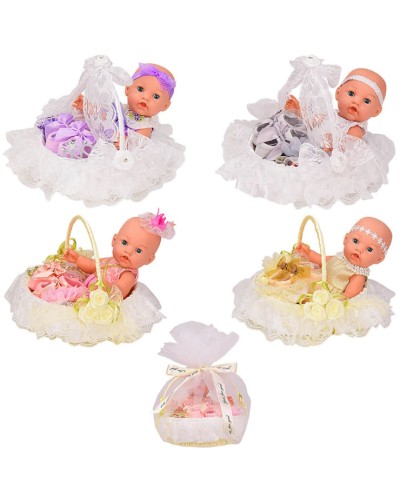 Пупс у кошику з аксесуарами, на батарейці, п'є - пісяє, в асортименті, у пакеті 36х25 см