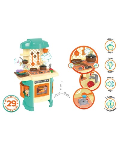 Набір «Кухня» з 29 предметів зі світлом, звуком та паром, на батарейці, у коробці 61х48х20 см, ТМ Технок