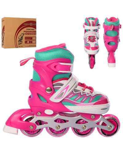 Ролики 35-38 розміру зі шнурівкю та баклею, алюміневою рамою, колесами ПУ, рожеві, у коробці 35х28х11,5 см