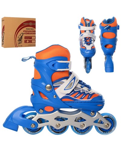 Ролики 31-34 розміру зі шнурівкю та баклею, алюміневою рамою, колесами ПУ, сині, у коробці 35х27,5х10,5 см