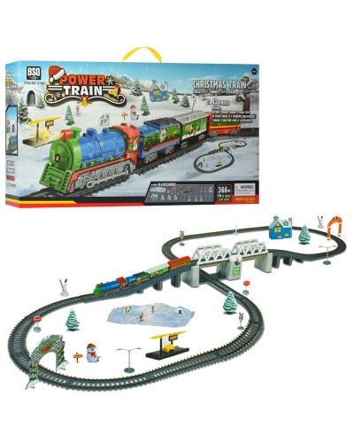 Залізниця 147х44х45,5 см зі світлом: вокзал, локомотив, 3 вагони, на батарейці, у коробці 59х31,5х8 см