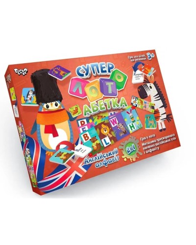 Лото розважальне «Суперлото. Абетка» з англійським алфавітом з 40 фішок-букв, 10 карток та мішечка, у коробці 37х25х4 см, ТМ Данко Тойс