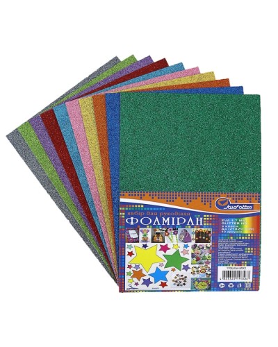 Фоаміран A4 1,7 мм з глітером та клеєм на 10 кольорів, ТМ J.Otten