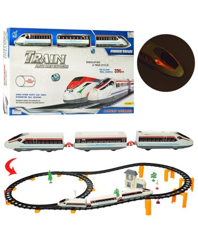 Залізниця 396 см зі світлом: 2 локомотиви, вагон 17 см, будівля, дерева, на батарейці, у коробці 60х34х5 см