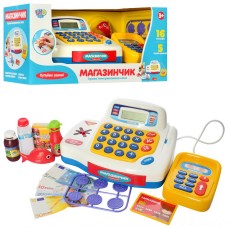 Касовий апарат 36х18 см зі світлом, звуком, калькулятором, мікрофоном, сканером та набором продуктів, на батарейці, у коробці 38х18х18 см