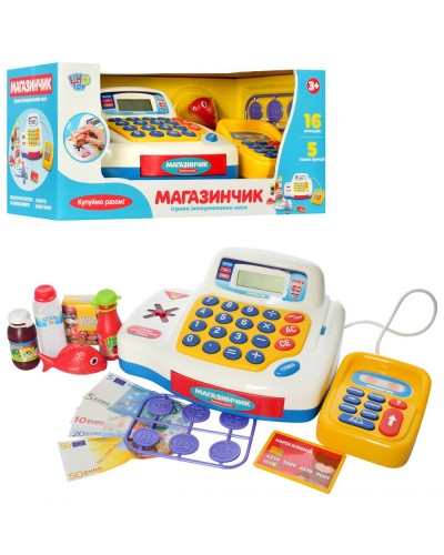 Касовий апарат 36х18 см зі світлом, звуком, калькулятором, мікрофоном, сканером та набором продуктів, на батарейці, у коробці 38х18х18 см