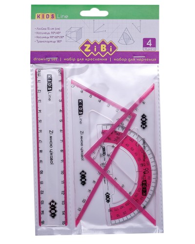 Набір: лінійка 15 см, 2 косинця, транспортир, з рожевою смужкою, ТМ ZiBi